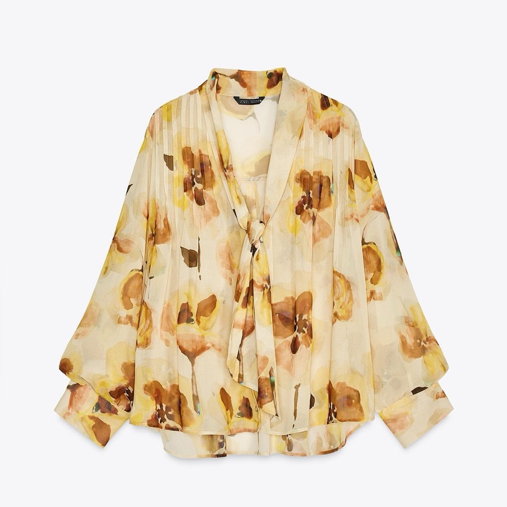 ZARA Scarf Detail Floral Print Oversized Shirt | Ecru/Yellow - Picture 7 of 14